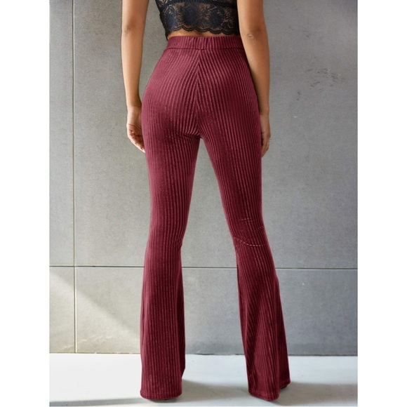 Women’s Maroon Velvet Ribbed High Waisted Flared Stretchy Pants Size Medium - Picture 6 of 6